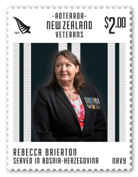 A stamp featuring a portrait of Rebecca, wearing her medals