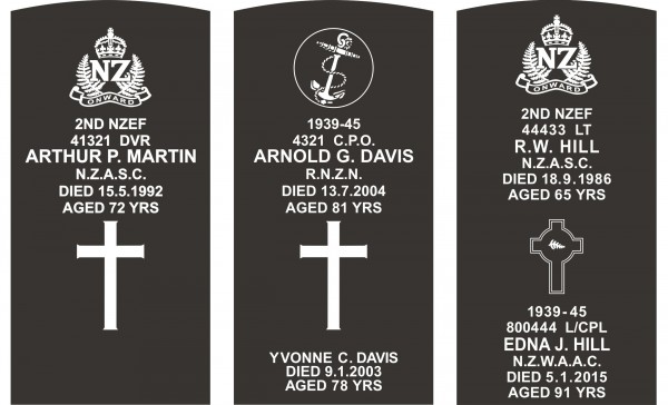 Three examples of the location of information on a headstone.