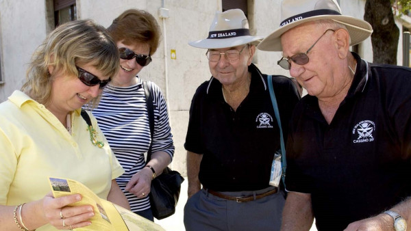 Two men and two women talking to plan a trip together