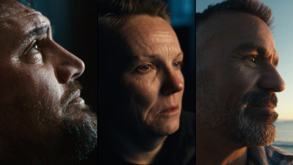 Moody, pensive headshots of two men and one woman, arranged side-by-side. They look toward bright lights at an unseen distance, hopeful for a better future.