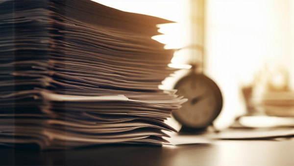 A stack of paper forms on a table with a clock in the background