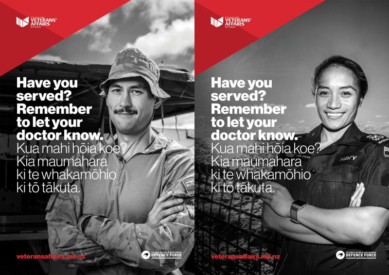 Two posters of a man and a woman in military uniforms smiling at the camera with their arms folded. The text reads: Have you served? Remember to let your doctor know.