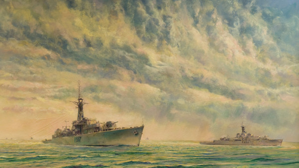 An acrylic painting of two large Navy ships at sea set against a partially cloudy, blue sky. 