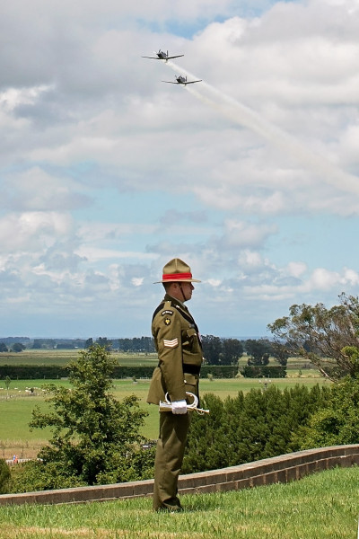 Planes flying over a soldier holding a bugle to mark respect