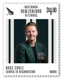 A stamp featuring a portrait of Ange, wearing her medals