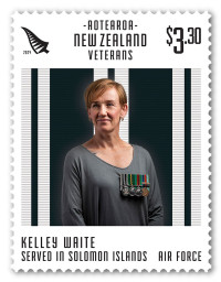 A stamp featuring a portrait of Kelley, wearing her medals