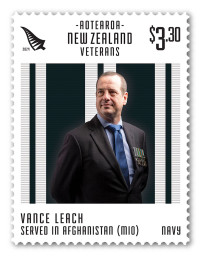 A stamp featuring a portrait of Vance, wearing his medals