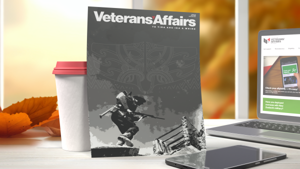 A magazine propped up on a table beside a computer, phone, and cup of coffee
